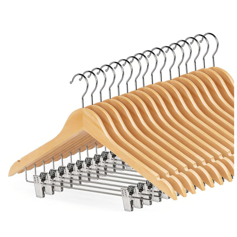 Kit 10 Cabide De Madeira Com Presilha Adulto 45cm Marfim Envernizados Com Barra Deslizante