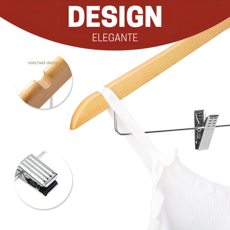 Kit 10 Cabide De Madeira Com Presilha Adulto 45cm Marfim Envernizados Com Barra Deslizante