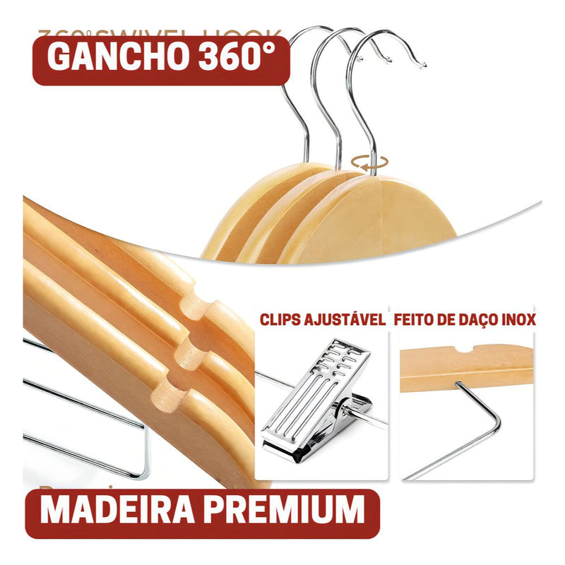 Kit 10 Cabide De Madeira Com Presilha Adulto 45cm Marfim Envernizados Com Barra Deslizante