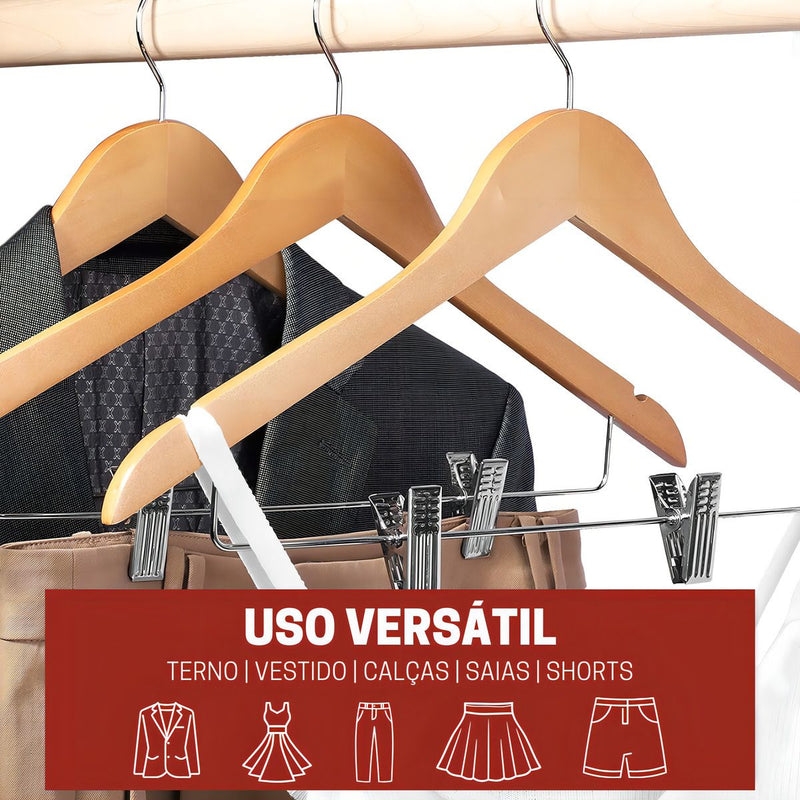 Kit 10 Cabide De Madeira Com Presilha Adulto 45cm Marfim Envernizados Com Barra Deslizante