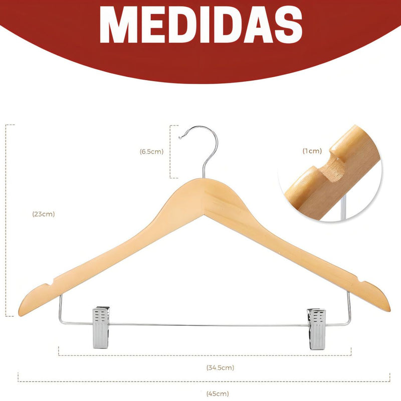 Kit 10 Cabide De Madeira Com Presilha Adulto 45cm Marfim Envernizados Com Barra Deslizante