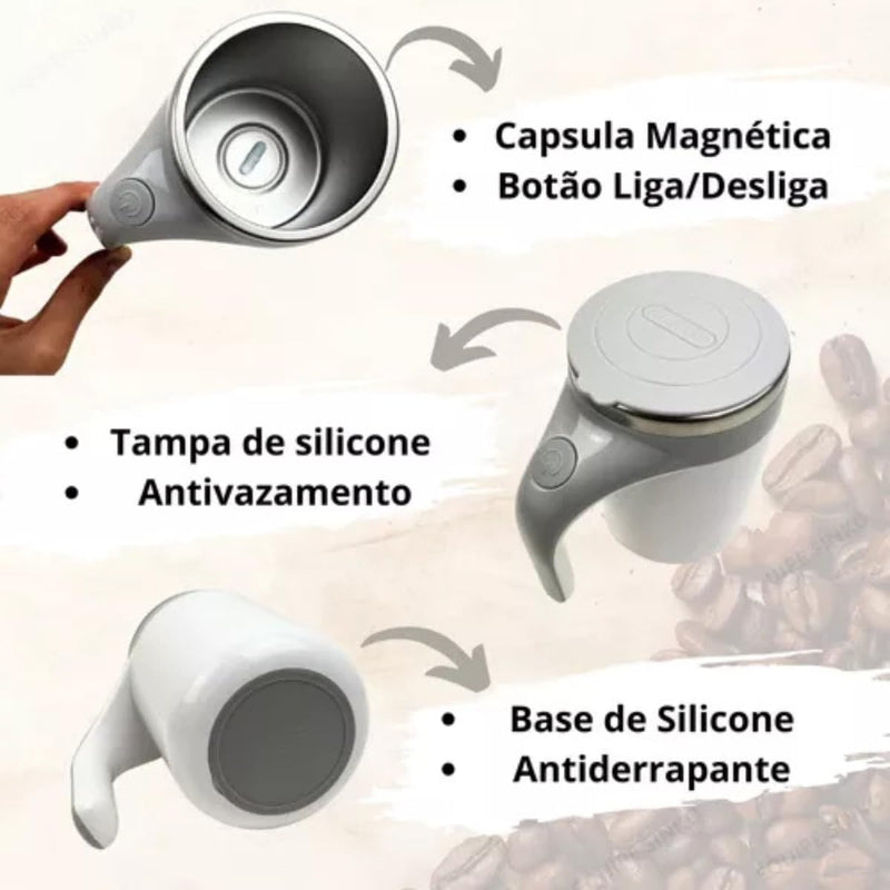 Caneca Copo Mixer Térmico Recarregável USB Inox Misturador Automático 380ml Com Tampa Xícara Elétrico Mistura Automática - Presente Park