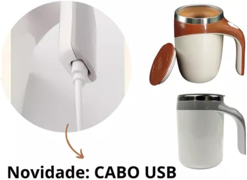 Caneca Copo Mixer Térmico Recarregável USB Inox Misturador Automático 380ml Com Tampa Xícara Elétrico Mistura Automática - Presente Park