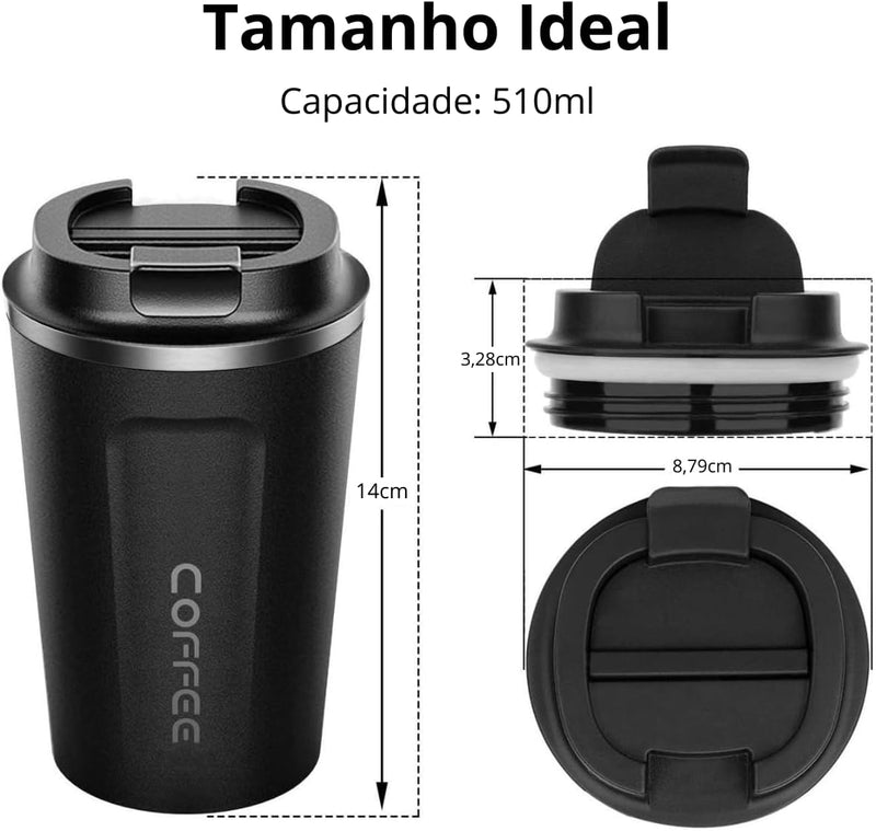 Caneca térmica de 380 ml Coffee, Com Tampa, De Aço Inoxidável - Presente Park