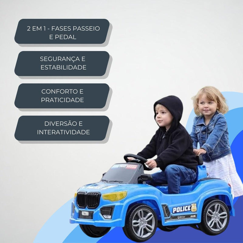Carrinho Infantil De Empurrar Bebe 2 em 1 Com Pedal e Marcha Crec Carro Passeio Até 30 Kg Azul - Presente Park