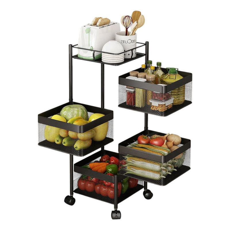 Fruteira De Chão Cestos Organizador Articulado Para Cozinha Vertical Com Rodas 4 Andares Giratório Cestos Rodinhas Quadrada - Presente Park