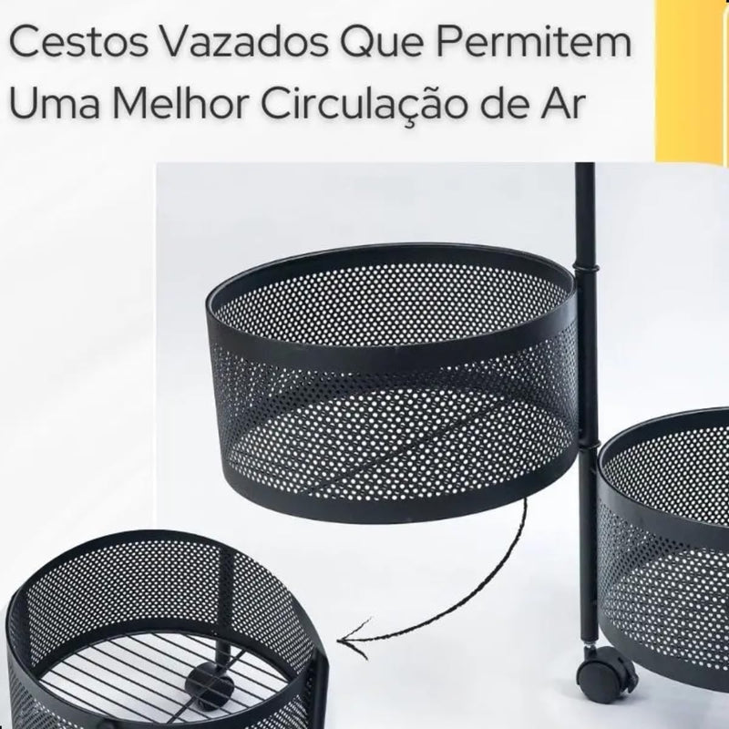 Fruteira De Cozinha Organizador De Frutas e Legumes Preto 3 Andares Giratório Redondo Com Rodinhas Multiuso - Presente Park