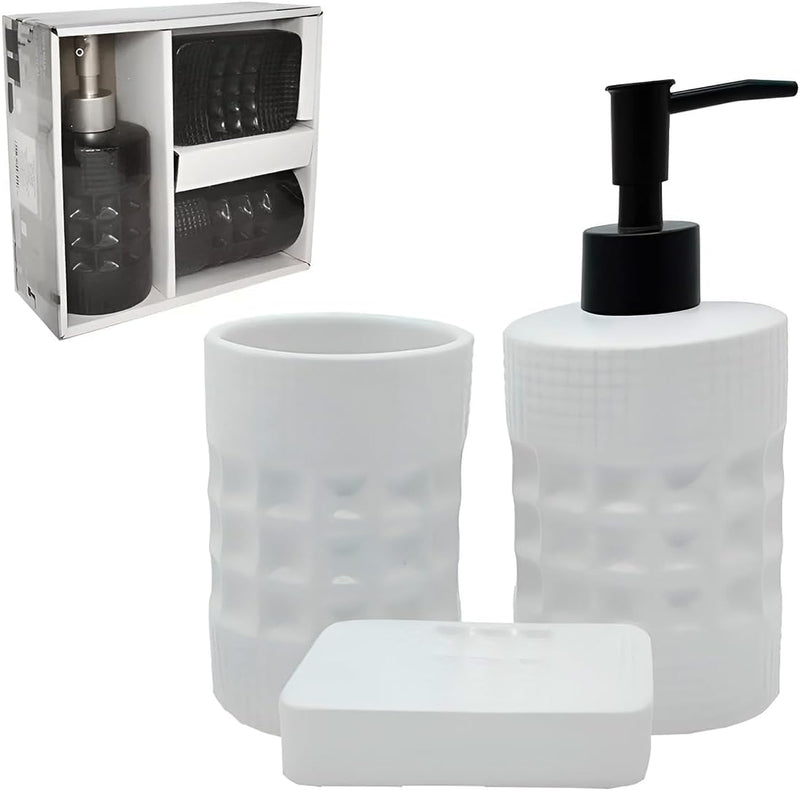 Kit Acessório Para Banheiro 3 Peças De Cerâmica Texturizado Saboneteira Com Dispenser Porta Escova - Presente Park