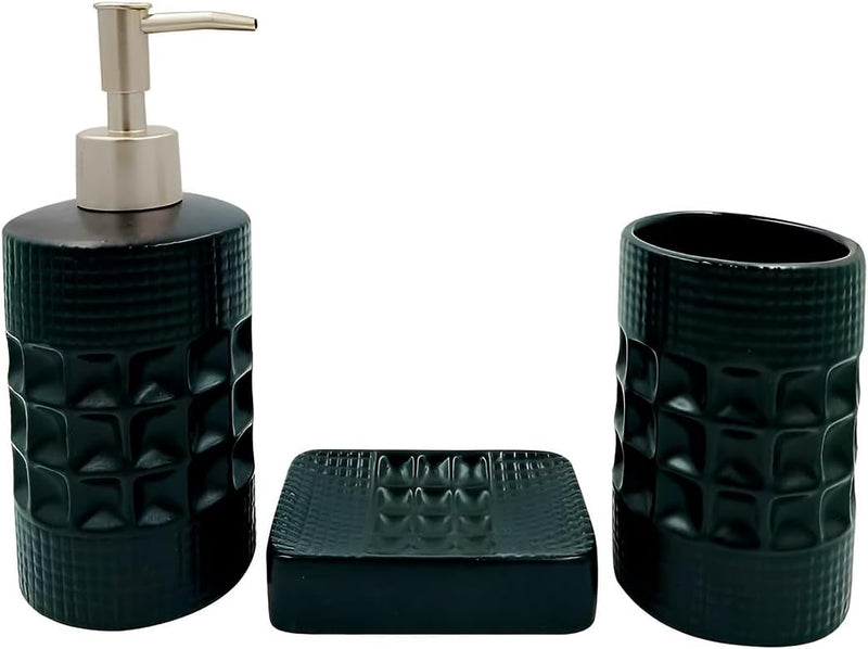 Kit Acessório Para Banheiro 3 Peças De Cerâmica Texturizado Saboneteira Com Dispenser Porta Escova - Presente Park