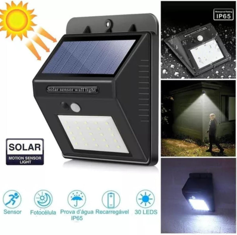 Kit 5 Luminária Solar 30 Leds Externa Com Sensor De Movimento À Prova D'água Lâmpada Para Jardim Parede Muro - Presente Park