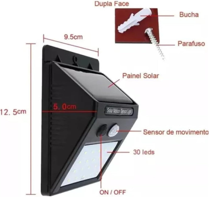 Kit 5 Luminária Solar 30 Leds Externa Com Sensor De Movimento À Prova D'água Lâmpada Para Jardim Parede Muro - Presente Park