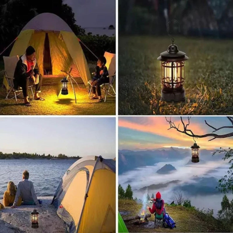 Lampião Lanterna Led Portátil De Camping Barraca Retro Recarregável Via USB Tipo C Luminária Para Acampamento e Pesca Com Regulagem De Intensidade Gancho Pendurar Bateria Longa Duração - Presente Park