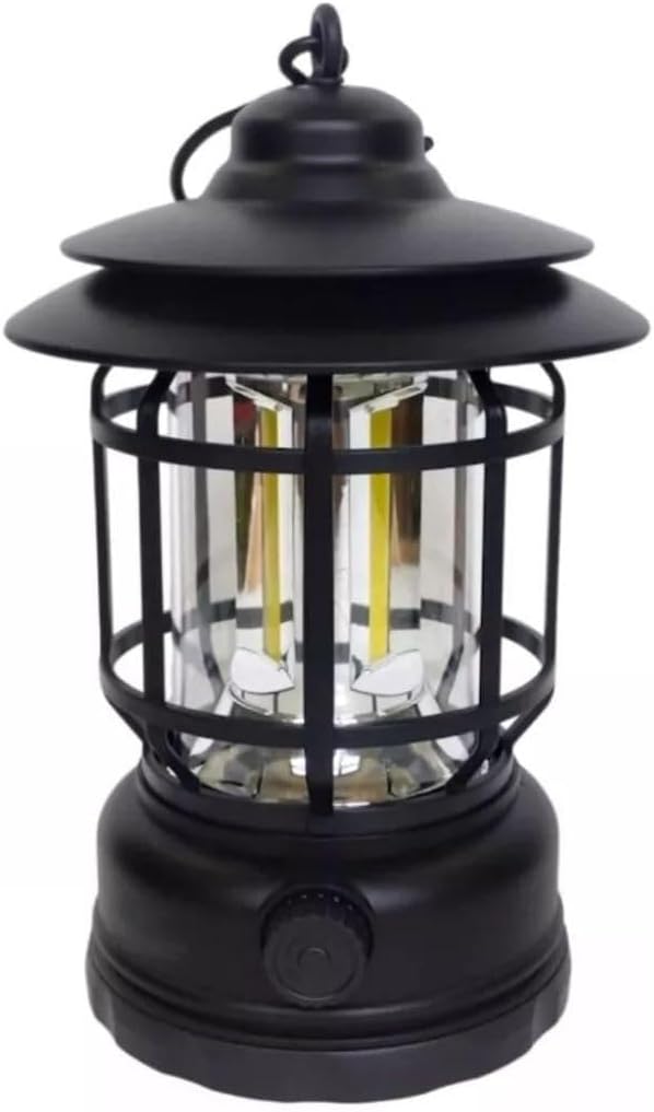 Lampião Lanterna Led Portátil De Camping Barraca Retro Recarregável Via USB Tipo C Luminária Para Acampamento e Pesca Com Regulagem De Intensidade Gancho Pendurar Bateria Longa Duração - Presente Park