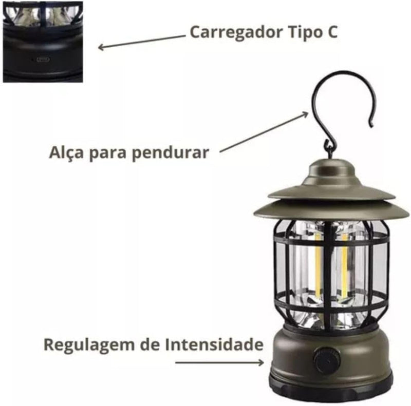 Lampião Lanterna Led Portátil De Camping Barraca Retro Recarregável Via USB Tipo C Luminária Para Acampamento e Pesca Com Regulagem De Intensidade Gancho Pendurar Bateria Longa Duração - Presente Park
