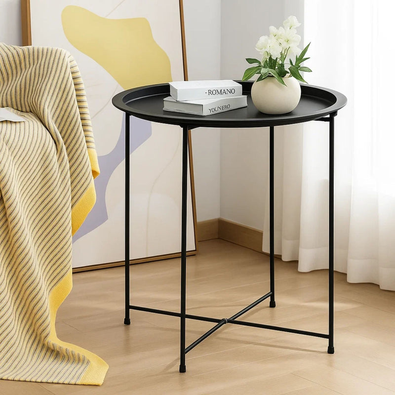 Mesa de Apoio Lateral Redonda em Metal com Bandeja Removível – Sala, Quarto, Sofá e Decoração Moderna