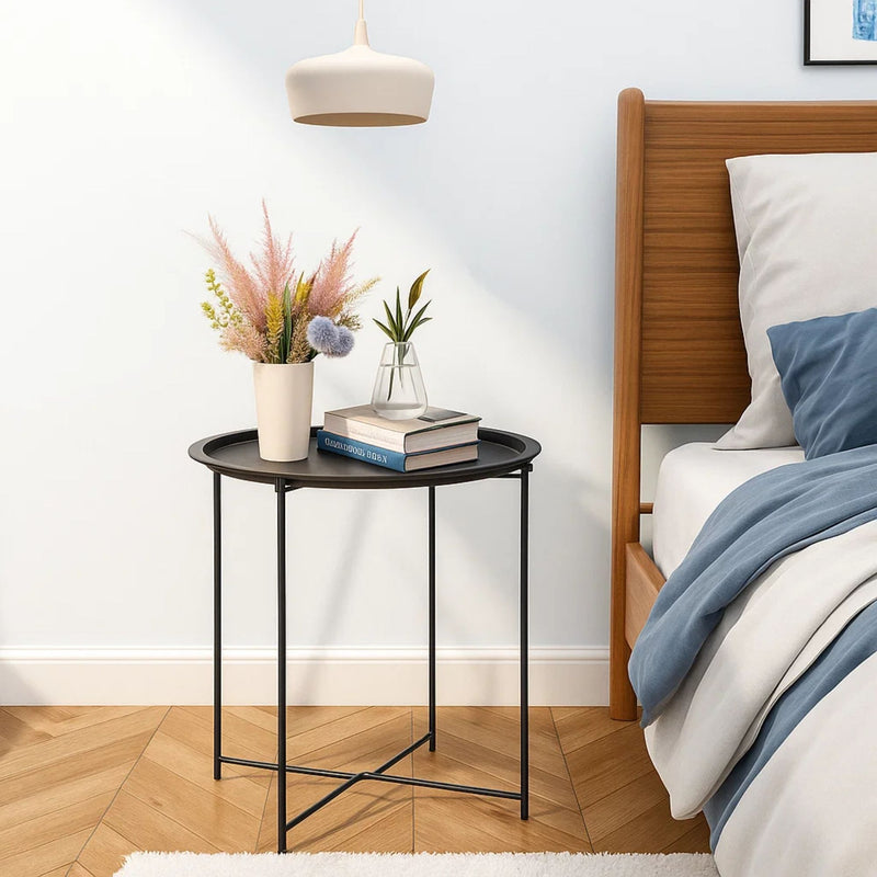 Mesa de Apoio Lateral Redonda em Metal com Bandeja Removível – Sala, Quarto, Sofá e Decoração Moderna