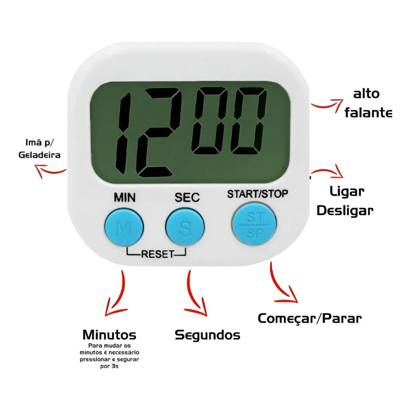 Mini Timer Cronômetro Digital para Cozinha – Relógio Magnético com Alarme