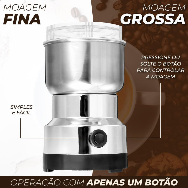 Moedor Triturador De Café 220v ou 110v Elétrico Automatico 150w Inox - Maquina Ideal Para Moer Grãos e Sementes - Também Tritura Arroz, Linhaça, Sal Grosso, Amendoim e Mais