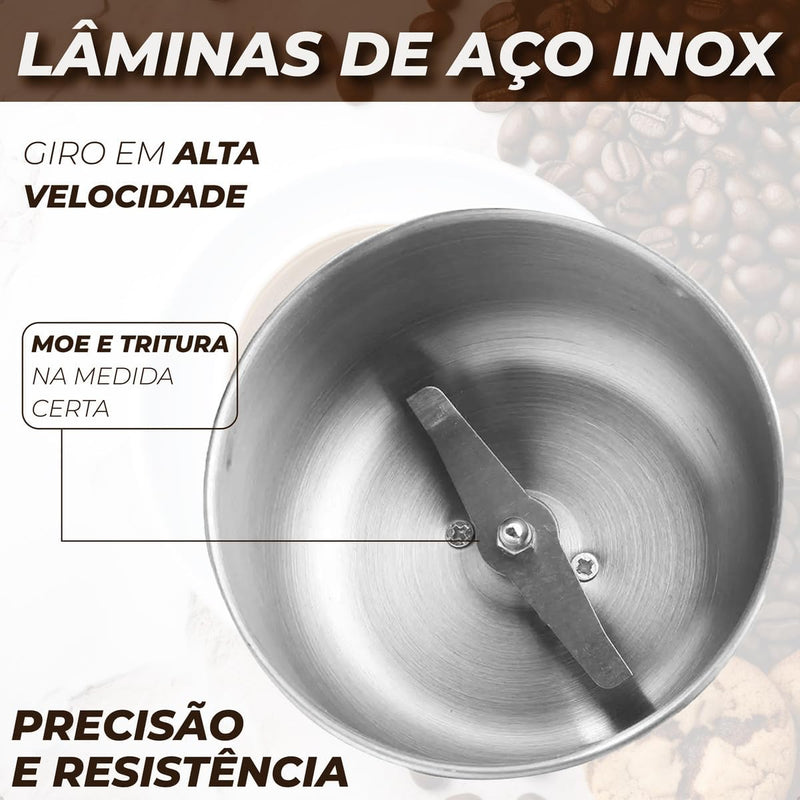 Moedor Triturador De Café 220v ou 110v Elétrico Automatico 150w Inox - Maquina Ideal Para Moer Grãos e Sementes - Também Tritura Arroz, Linhaça, Sal Grosso, Amendoim e Mais