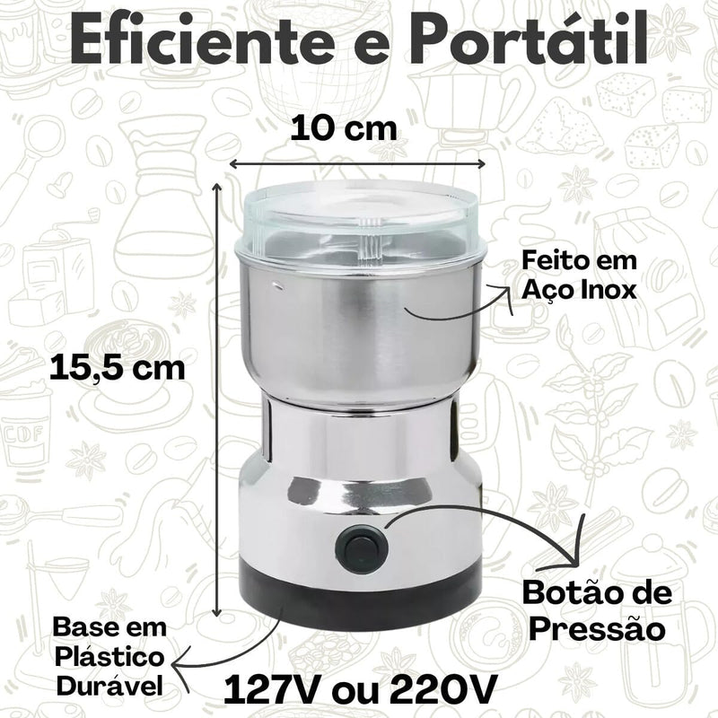 Moedor Triturador De Café 220v ou 110v Elétrico Automatico 150w Inox - Maquina Ideal Para Moer Grãos e Sementes - Também Tritura Arroz, Linhaça, Sal Grosso, Amendoim e Mais