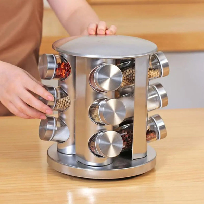 Organizador Suporte Porta Temperos Condimentos Mantimentos Giratório Inox Com 12 Potes De Vidro Para Cozinha - Presente Park