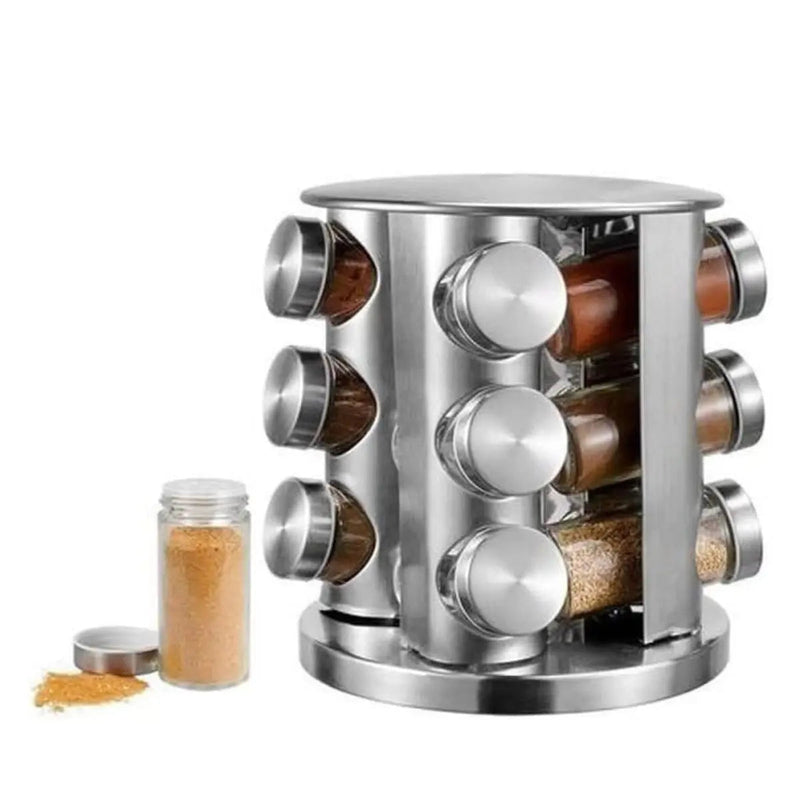 Organizador Suporte Porta Temperos Condimentos Mantimentos Giratório Inox Com 12 Potes De Vidro Para Cozinha - Presente Park