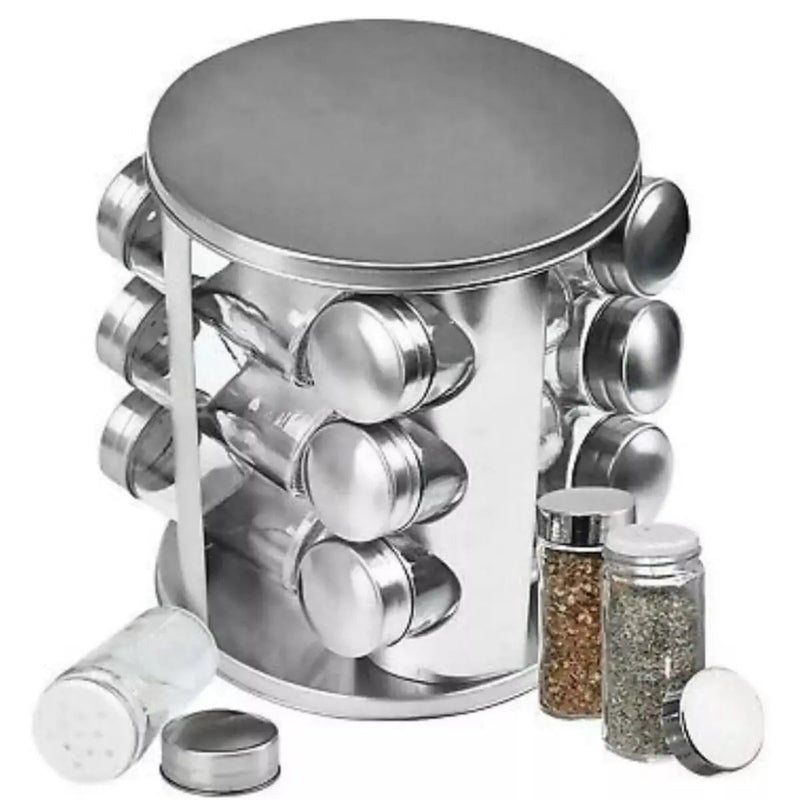 Organizador Suporte Porta Temperos Condimentos Mantimentos Giratório Inox Com 12 Potes De Vidro Para Cozinha - Presente Park