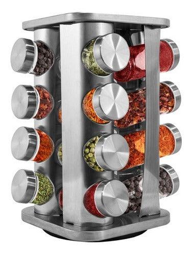 Organizador Suporte Porta Temperos Condimentos Mantimentos Quadrado Giratório Inox Com 16 Potes De Vidro Para Cozinha - Presente Park