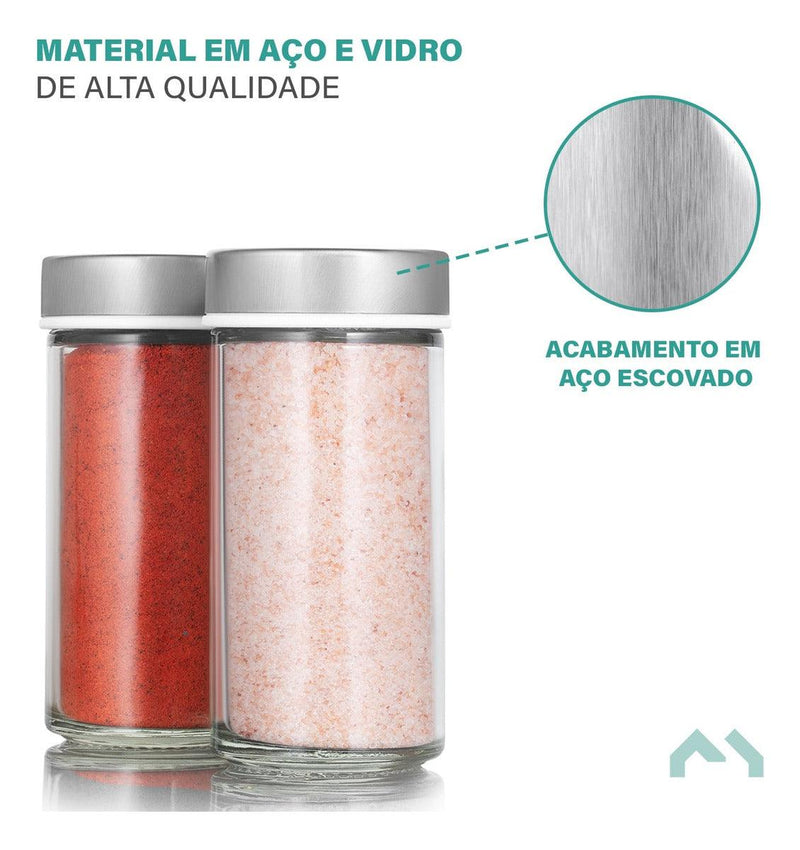 Organizador Suporte Porta Temperos Condimentos Mantimentos Quadrado Giratório Inox Com 16 Potes De Vidro Para Cozinha - Presente Park