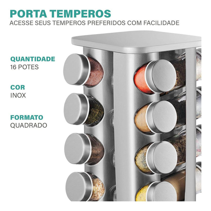Organizador Suporte Porta Temperos Condimentos Mantimentos Quadrado Giratório Inox Com 16 Potes De Vidro Para Cozinha - Presente Park