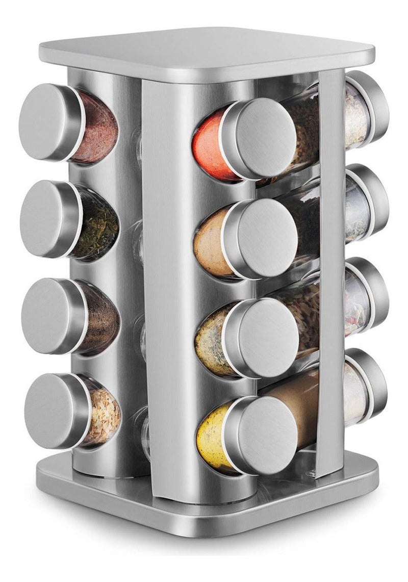 Organizador Suporte Porta Temperos Condimentos Mantimentos Quadrado Giratório Inox Com 16 Potes De Vidro Para Cozinha - Presente Park