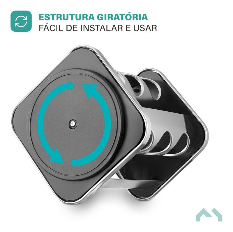 Organizador Suporte Porta Temperos Condimentos Mantimentos Quadrado Giratório Inox Com 16 Potes De Vidro Para Cozinha - Presente Park