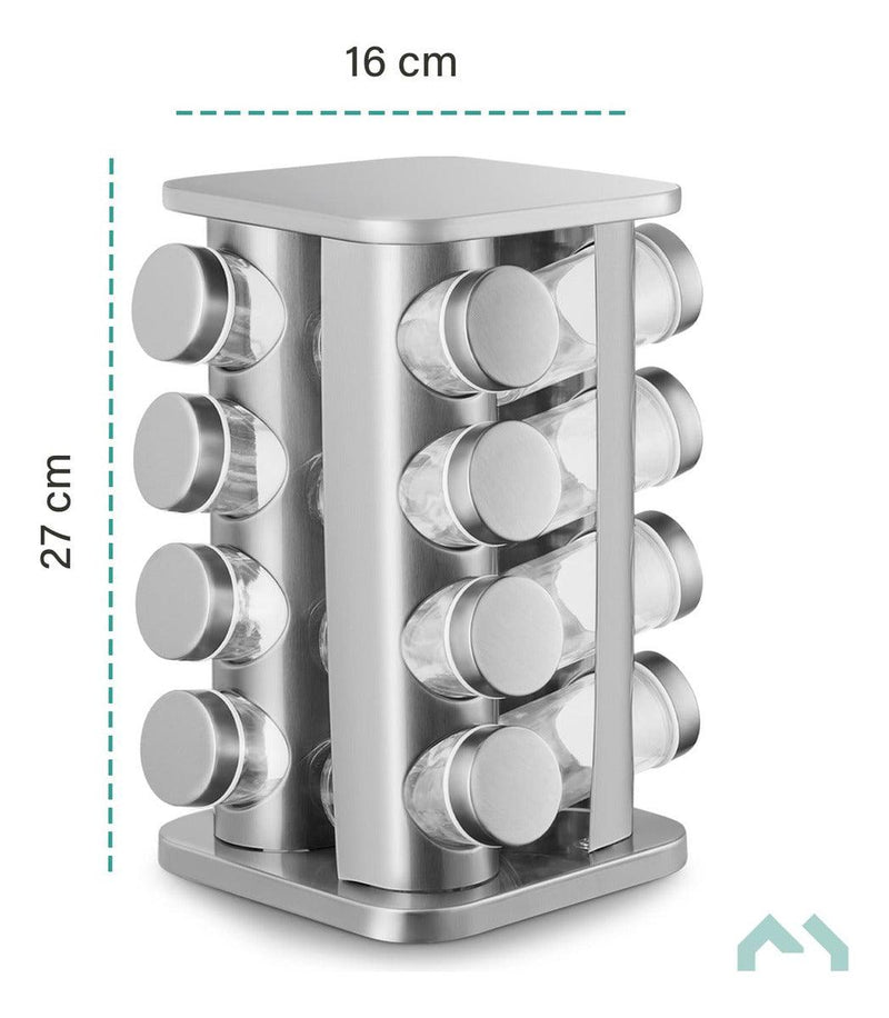 Organizador Suporte Porta Temperos Condimentos Mantimentos Quadrado Giratório Inox Com 16 Potes De Vidro Para Cozinha - Presente Park
