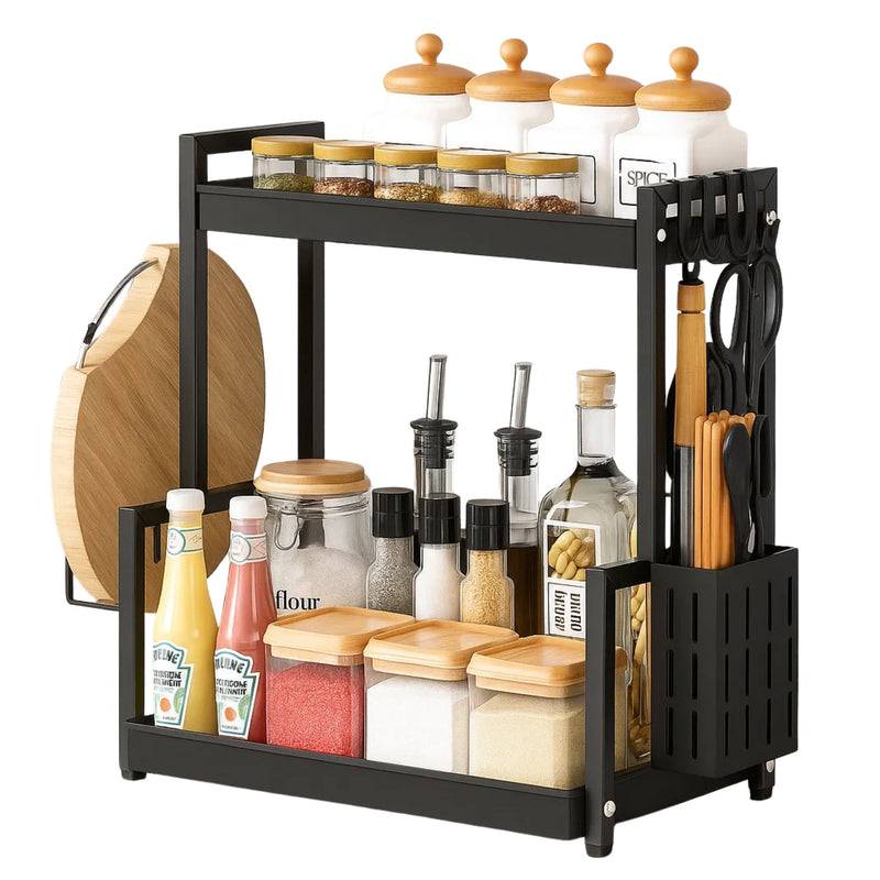 Organizador de Cozinha Multiuso 2 Andares em Metal Preto – Prateleira para Utensílios e Temperos - Ideal para Pia, Bancada, Mesa