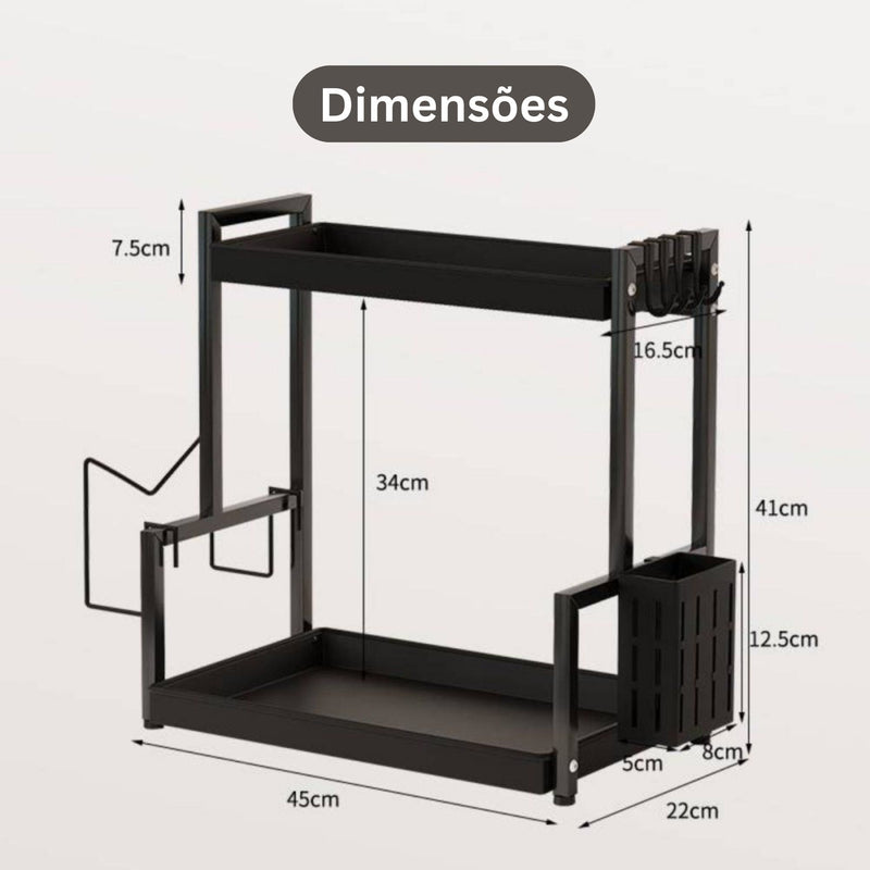 Organizador de Cozinha Multiuso 2 Andares em Metal Preto – Prateleira para Utensílios e Temperos - Ideal para Pia, Bancada, Mesa