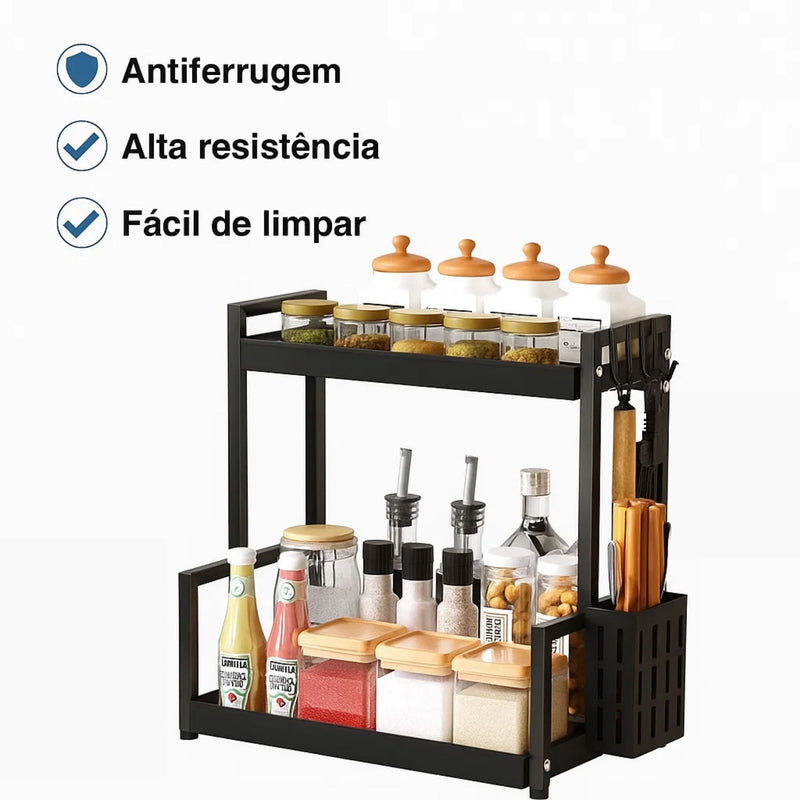 Organizador de Cozinha Multiuso 2 Andares em Metal Preto – Prateleira para Utensílios e Temperos - Ideal para Pia, Bancada, Mesa