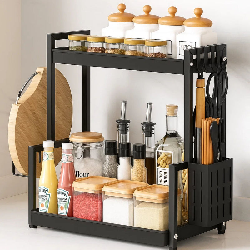 Organizador de Cozinha Multiuso 2 Andares em Metal Preto – Prateleira para Utensílios e Temperos - Ideal para Pia, Bancada, Mesa