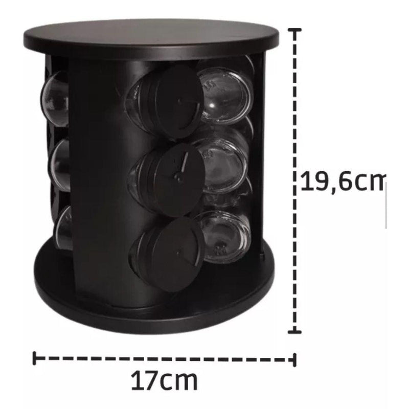 Porta Condimentos Temperos Giratorio Preto Redondo Com 9 Potes De Tempero Vidro Tampa Dosadora - Presente Park