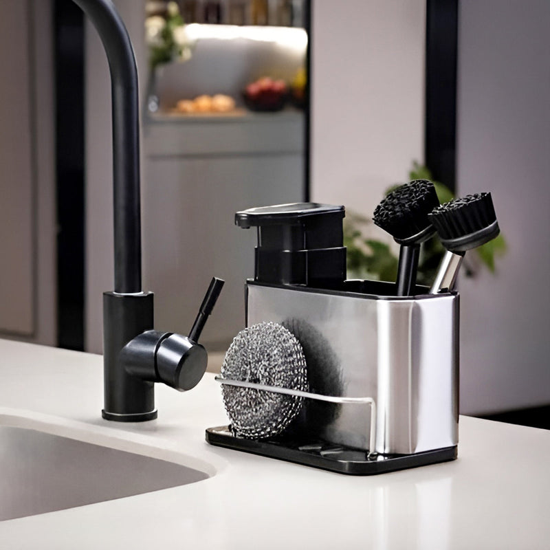 Porta Detergente Com Dispenser Para Sabão Líquido Suporte De Esponja Bucha Inox Organização Cozinha Pia Organizador Utensílios Escoamento Água Escorredor Balcão Limpeza Escorre Louça - Presente Park