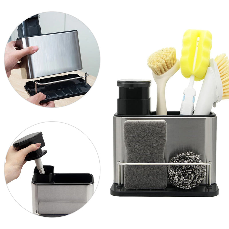Porta Detergente Com Dispenser Para Sabão Líquido Suporte De Esponja Bucha Inox Organização Cozinha Pia Organizador Utensílios Escoamento Água Escorredor Balcão Limpeza Escorre Louça - Presente Park