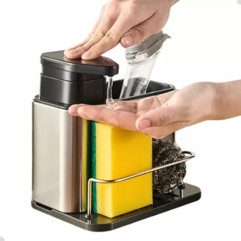 Porta Detergente Com Dispenser Para Sabão Líquido Suporte De Esponja Bucha Inox Organização Cozinha Pia Organizador Utensílios Escoamento Água Escorredor Balcão Limpeza Escorre Louça - Presente Park
