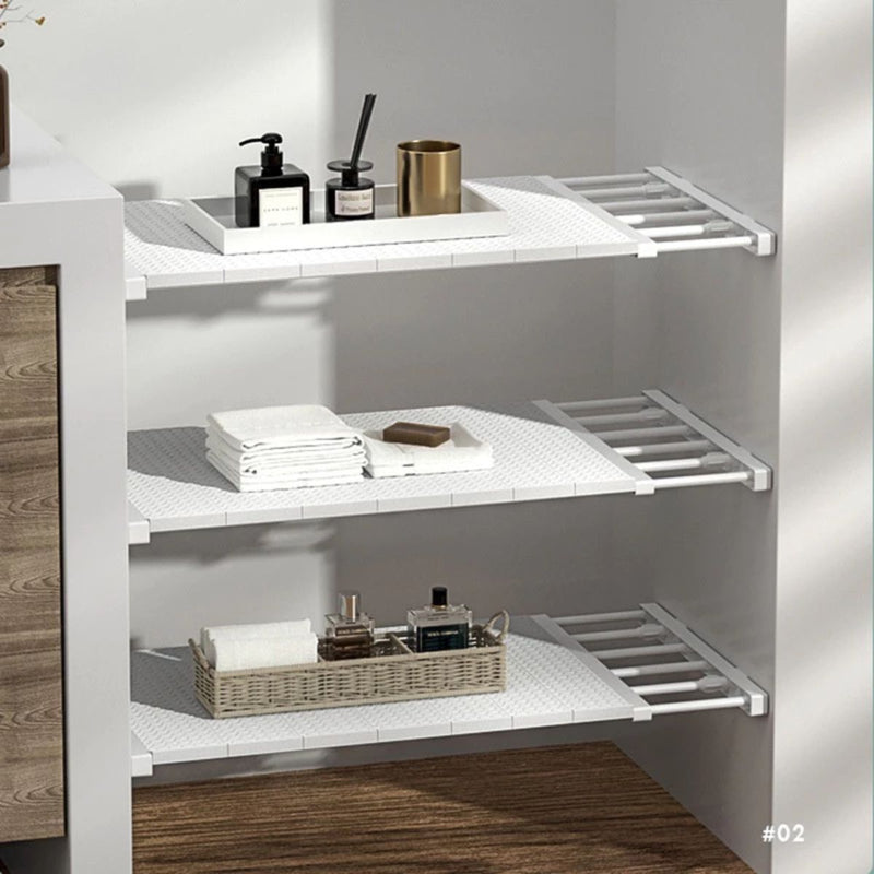 Prateleira Organizadora Divisória Escalonável Inteligente Extensível Ajustável 48 a 80cm Branca Portátil - Organizador Retrátil Ideal para Armário Cozinha Guarda-Roupa - Aço Carbono - 24cm de Largura