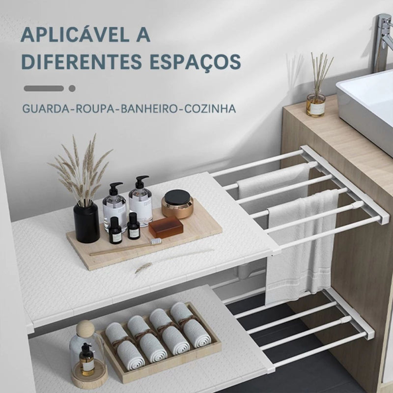 Prateleira Organizadora Divisória Escalonável Inteligente Extensível Ajustável 48 a 80cm Branca Portátil - Organizador Retrátil Ideal para Armário Cozinha Guarda-Roupa - Aço Carbono - 24cm de Largura