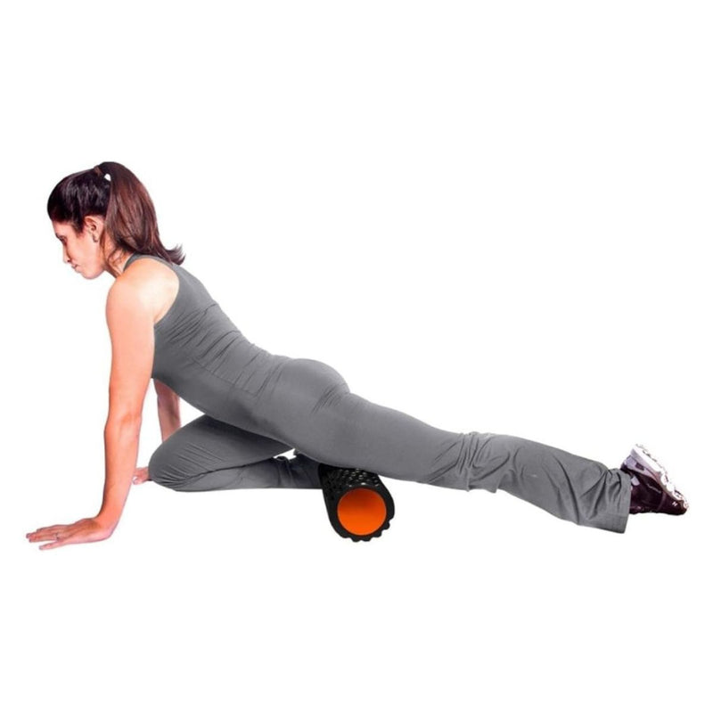 Rolo de Liberação Miofascial Foam Roller Com Ranhuras Preto e Laranja - Rolinho Ideal Para Massagem, Fisioterapia, Yoga, Pilates, Ginástica, Alongamento, Exercícios em Casa, Lombar, Academia