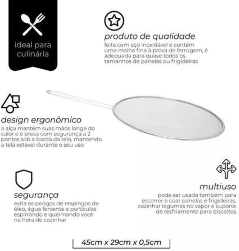 Tela Tampa Protetora Anti Respingo Para Fritura Frigideira Com Cabo 33cm Óleo de Aço Inox - Presente Park