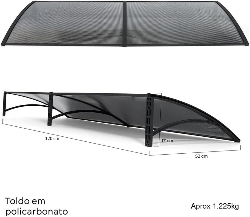 Toldo Policarbonato 1,20m X 50cm Porta Janela, Completo - Presente Park