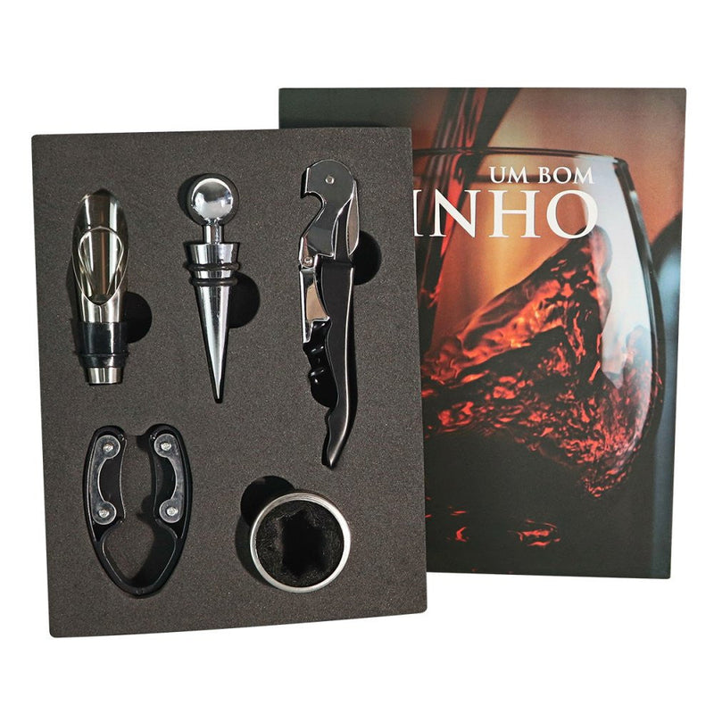 Kit Vinho Abridor Dosador Saca Rolhas Tampa Livro 05 Peças - Presente Park