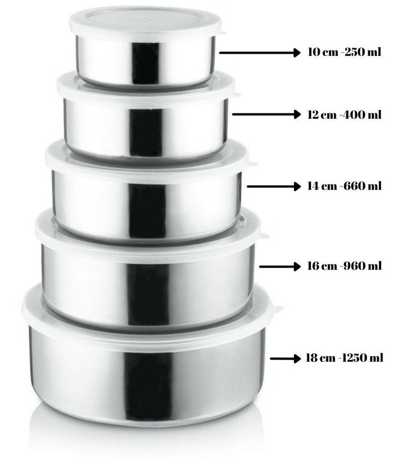 Conjunto De Tigelas Aço Inox 5 Peças Com Tampa Resistente - Presente Park