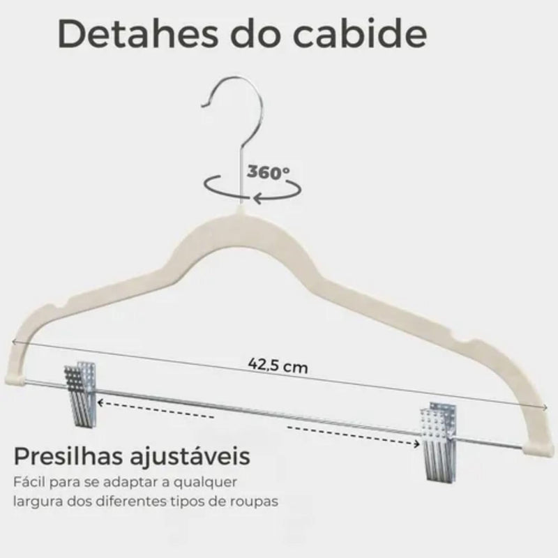 Kit 20 Cabide de Veludo Slim com Presilha de Metal Preto Cinza Bege Antiaderente Reforçado Elegante