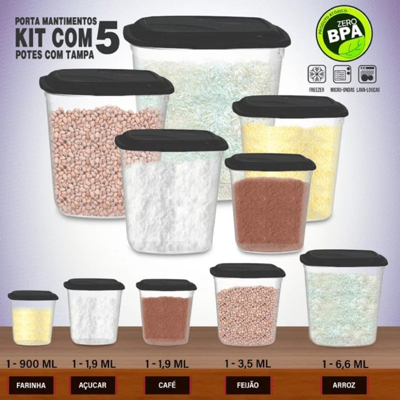 Kit 05 Porta Mantimentos Com Tampa 5 Peças Preta - Presente Park